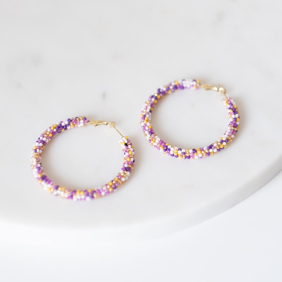 Paradise Beaded Hoop Earrings in Purple/Yellow
