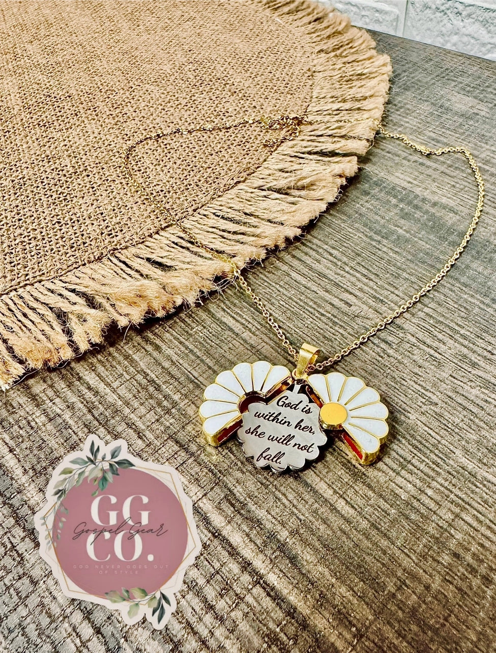 God Is Within Her Engraved Daisy Necklace