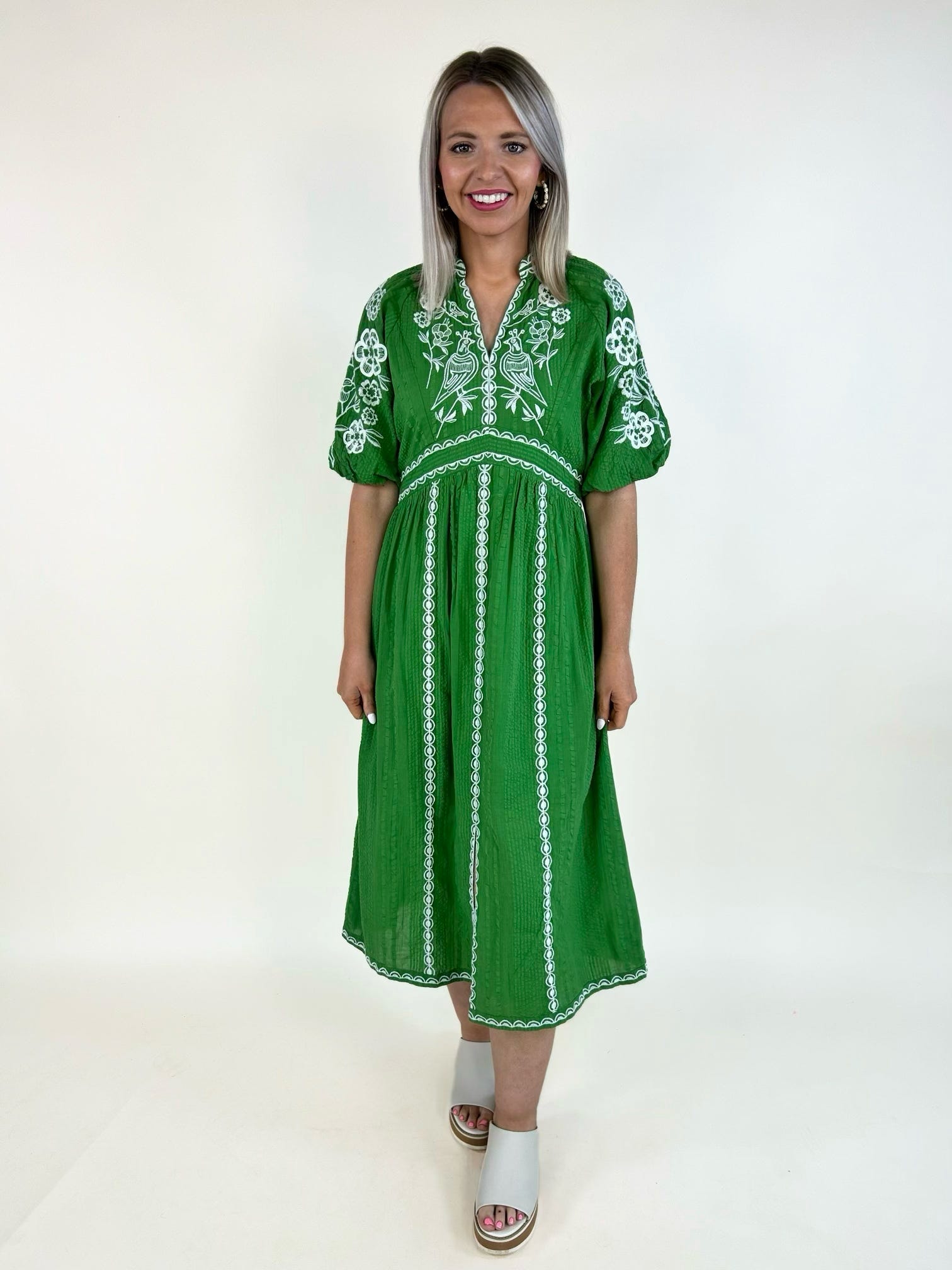 THML Green Embroidered Cotton Midi Dress
