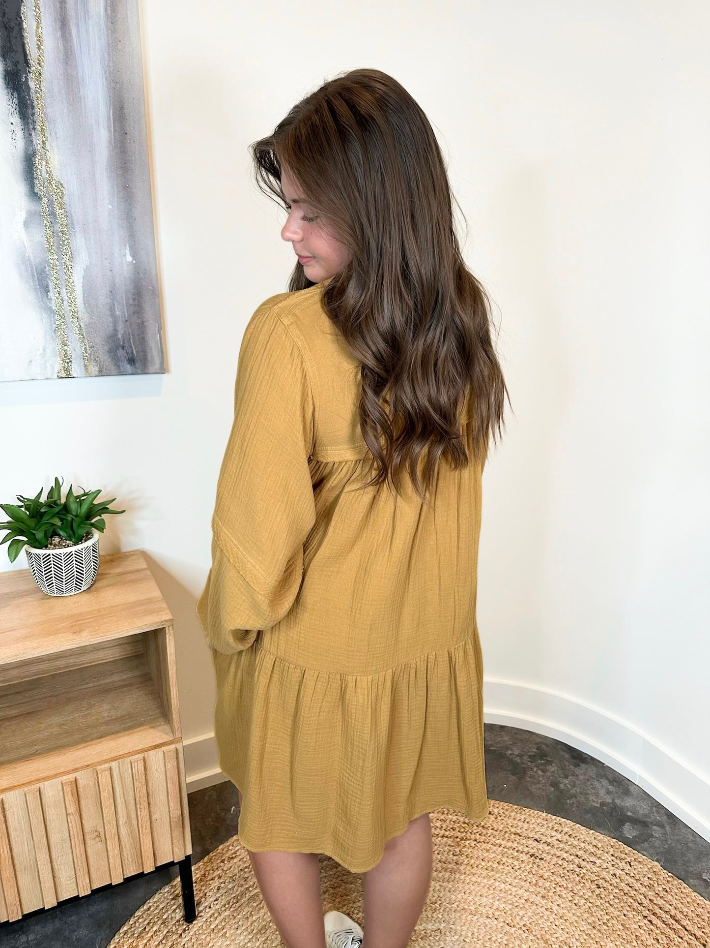Long Sleeve Collared Baby Doll Tiered Gauze Dress