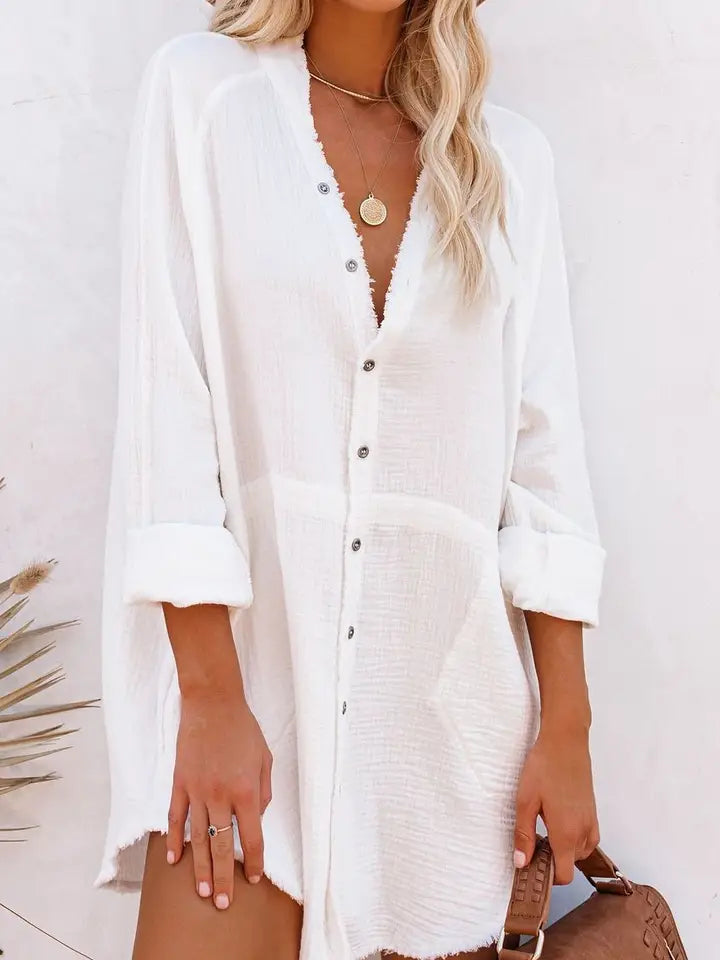 Crinkle Solid Over Fit Long Sleeve Blouse Shift Dress Cover Up