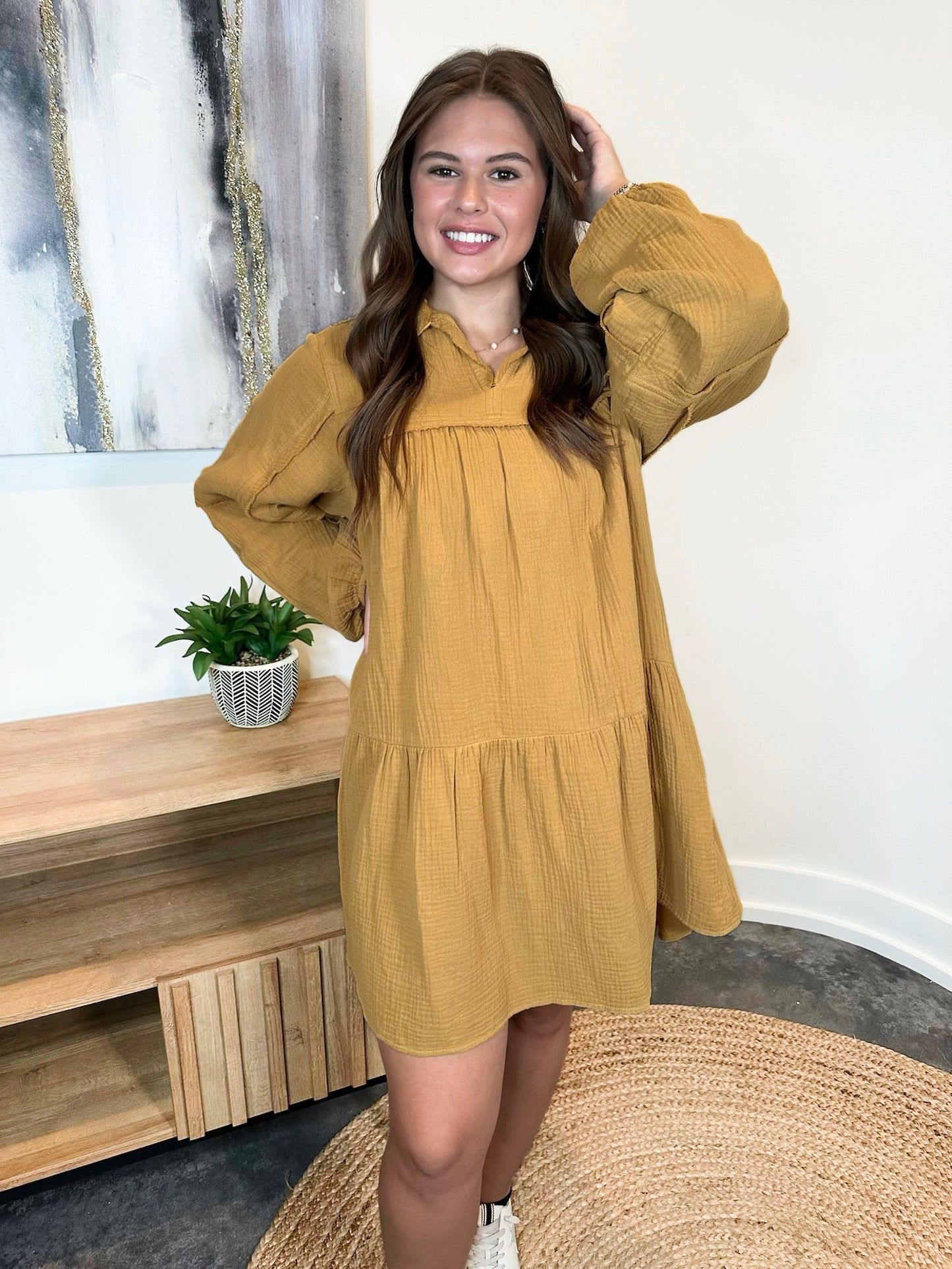 Long Sleeve Collared Baby Doll Tiered Gauze Dress