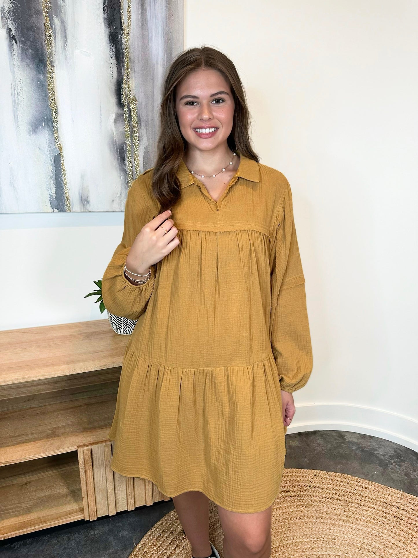Long Sleeve Collared Baby Doll Tiered Gauze Dress