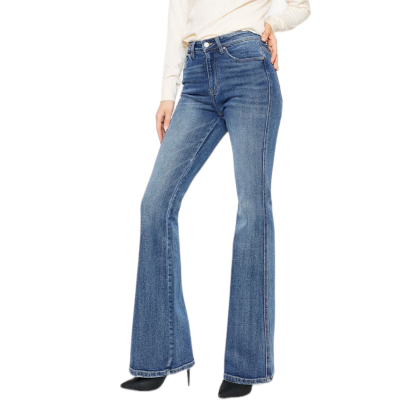 High Rise Medium Stone Wash Flare Jean