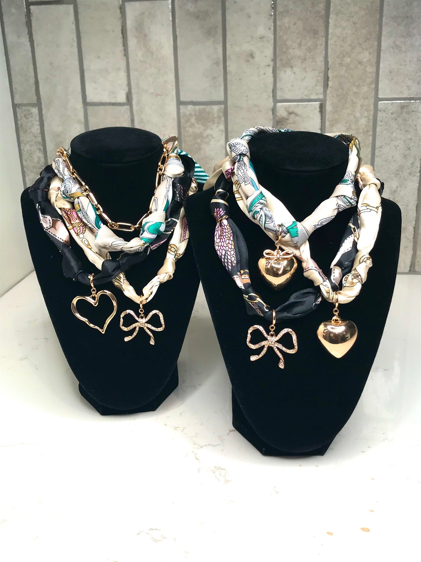Cream and Turquoise Knotted Scarf Necklace