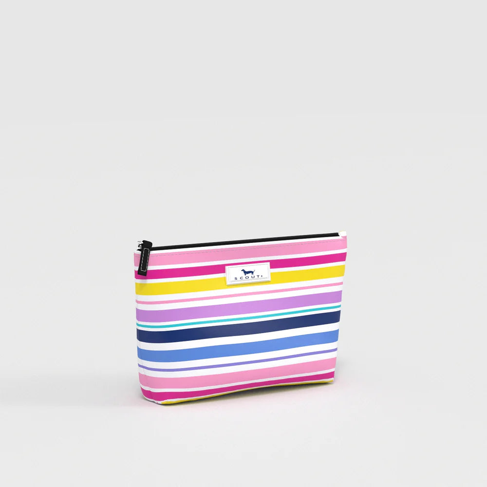 Angled view of Twiggy Pouch in Stripe a Pose multicolor stripe print, lightweight zip-top pouch for everyday organization.