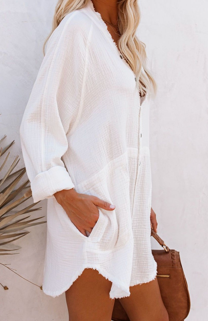 Crinkle Solid Over Fit Long Sleeve Blouse Shift Dress Cover Up