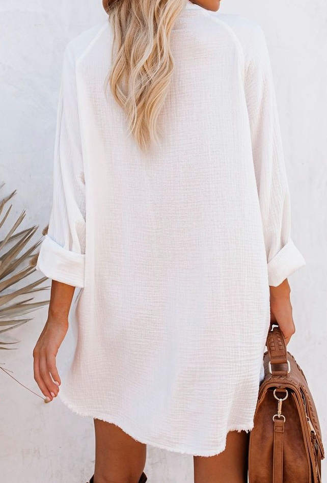 Crinkle Solid Over Fit Long Sleeve Blouse Shift Dress Cover Up