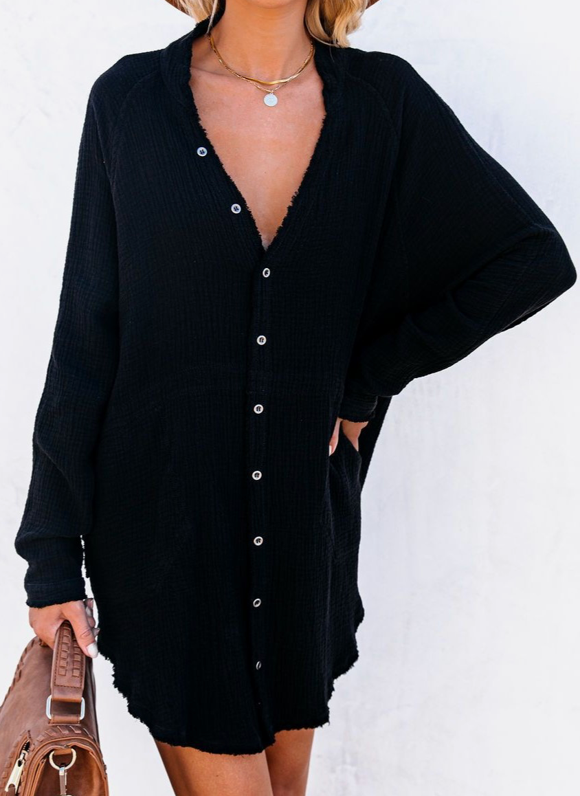Crinkle Solid Over Fit Long Sleeve Blouse Shift Dress Cover Up