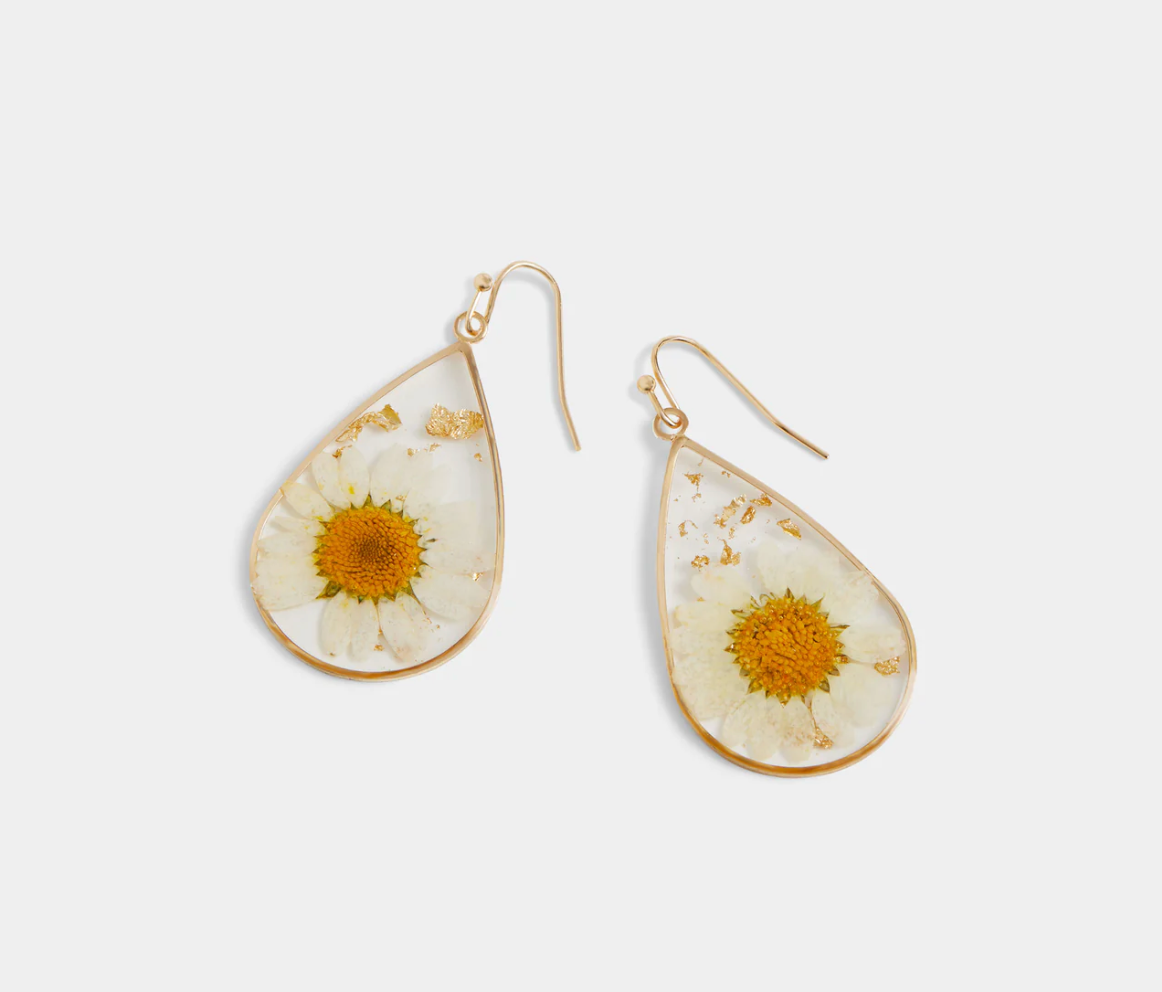 White Teardrop Pressed Flower Earrings