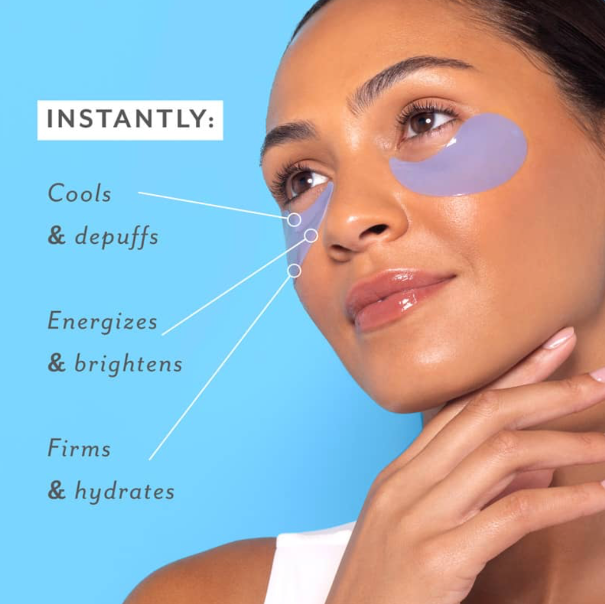 Woman applying a eye patch with text on a blue background