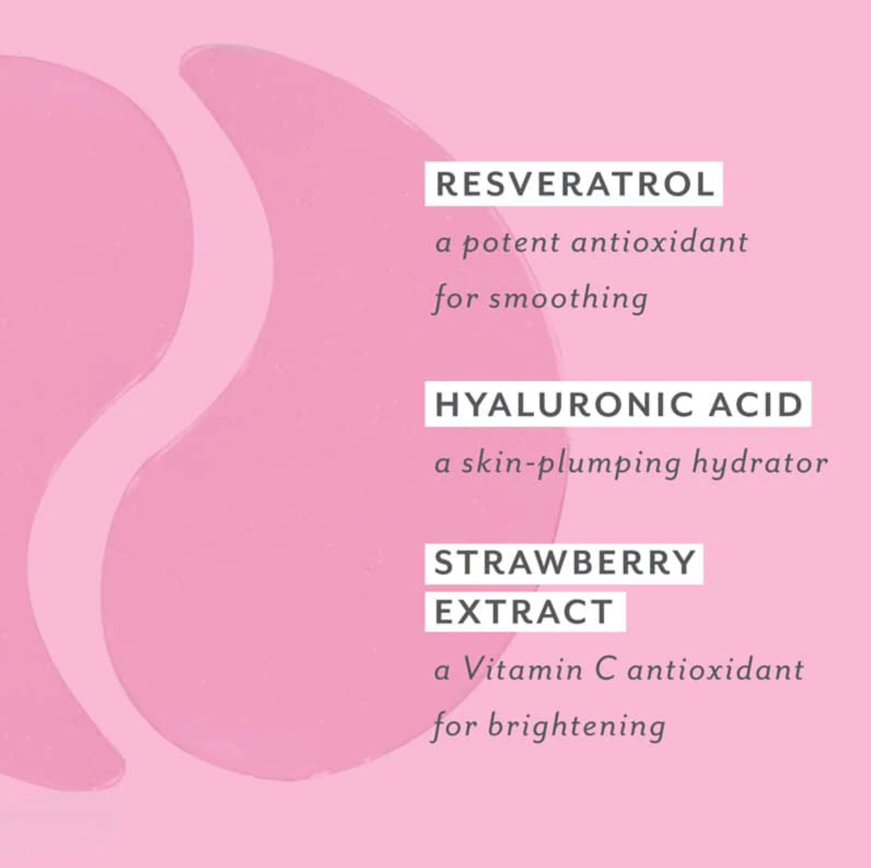 Pink background with text about resveratrol, hyaluronic acid, and strawberry extract on a pink background