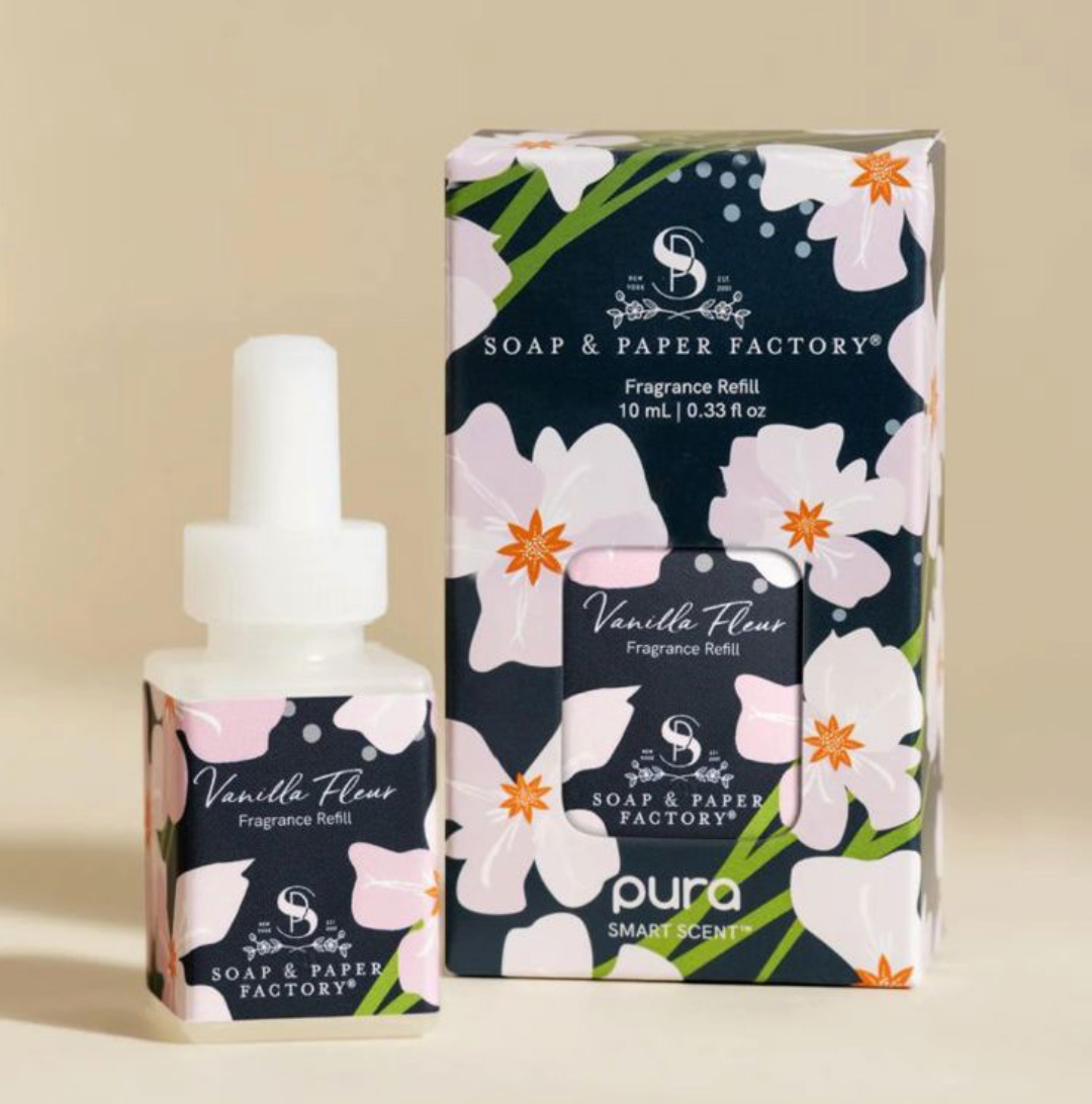 Soap & Paper Factory Vanilla Fleur fragrance refill with packaging on a beige background