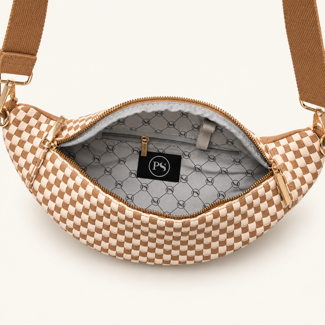 Open Checkered Tan Woven Susie Bum Bag showing interior pockets and patterned lining.