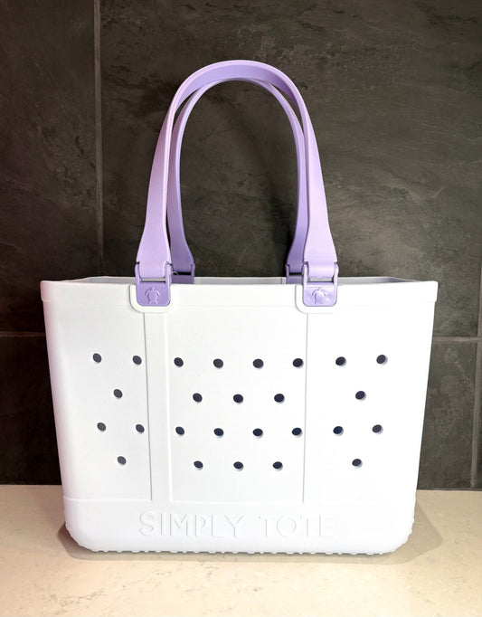 Waterproof Simply Tote bag with lavender handles and white body, durable rubber beach tote with perforated design.