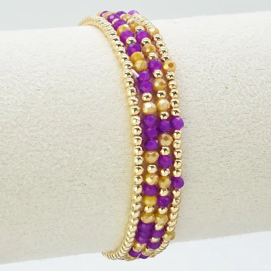 Set of 4 Yellow and Purple Glass Bead and Gold Stretch Bracelets