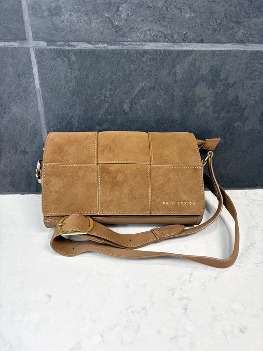 Taya woven suedette crossbody bag in caramel with flap closure and adjustable strap