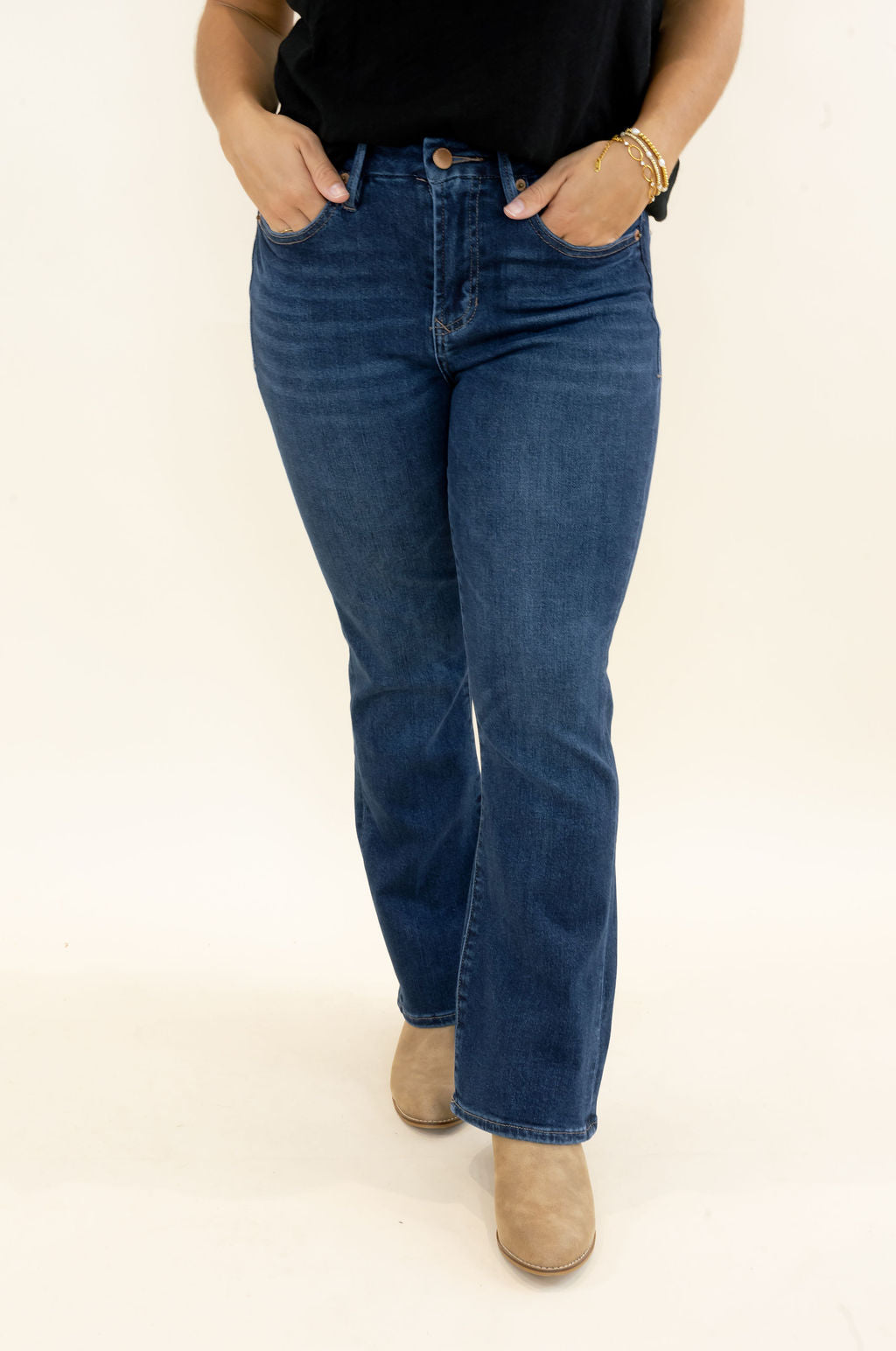 Dear John Jeanne Flare Jean in Richmond front view showing mid-rise fit, dark indigo denim and cropped flare hem