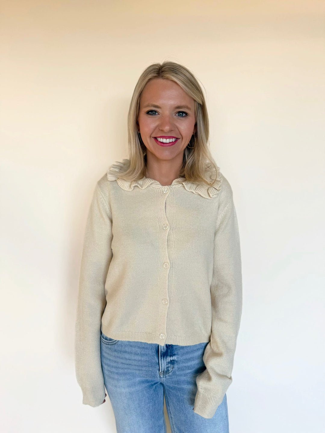 Jenny Ruffle Collar Knit Cardigan Sweater