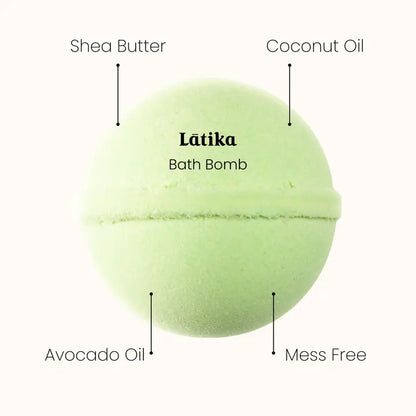 Green bath bomb labeled 'Látika' with ingredients listed on a white background