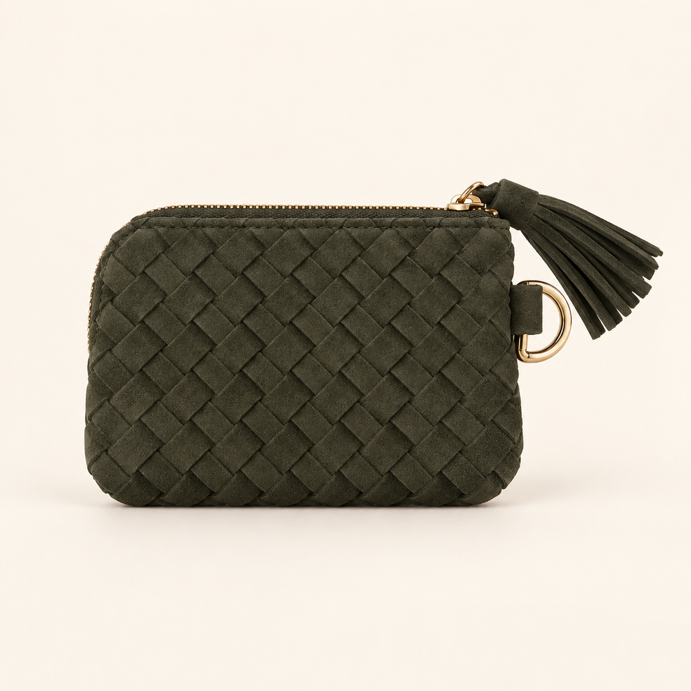 Back view of the olive Suede Paris Card Wallet with woven faux suede and tassel zipper.