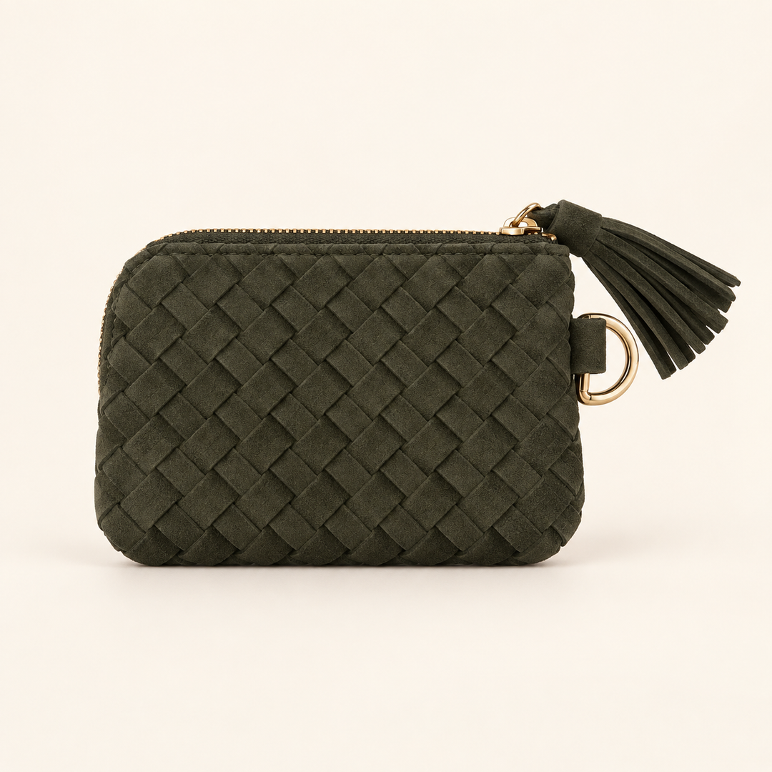 Back view of the olive Suede Paris Card Wallet with woven faux suede and tassel zipper.