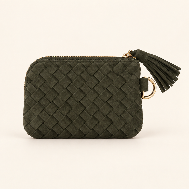 Back view of the olive Suede Paris Card Wallet with woven faux suede and tassel zipper.