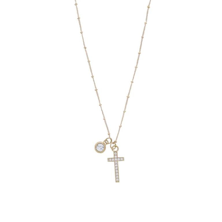 Gold Satellite Chain Necklace with Clear Crystal Cross