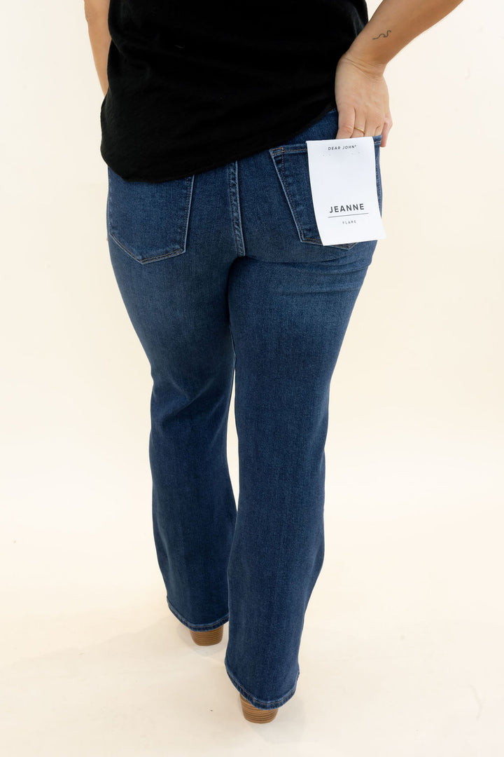 Dear John Jeanne Flare Jean in Richmond back view showing dark indigo wash, five-pocket styling and cropped flare leg