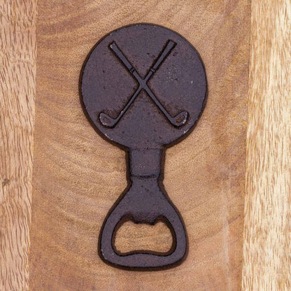 Black metal bottle opener with crossed golf clubs on a wooden background