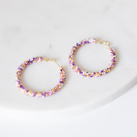 Paradise Beaded Hoop Earrings in Purple/Yellow