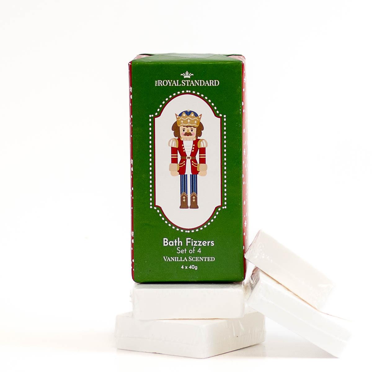 Green box of Royal Standard Bath Fizzers with a Nutcracker design on a white background