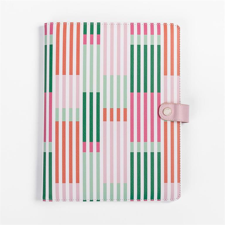 Colorful striped notebook cover with a pink buckle on a white background