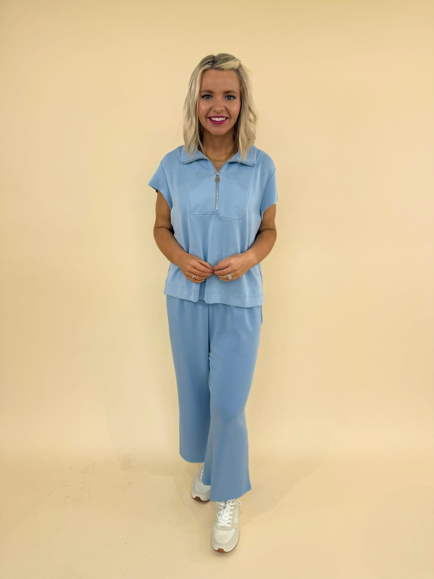 CloudSilk Weekend Set in soft blue modal blend featuring cap sleeve zip collar top and cropped drawstring pants with pockets