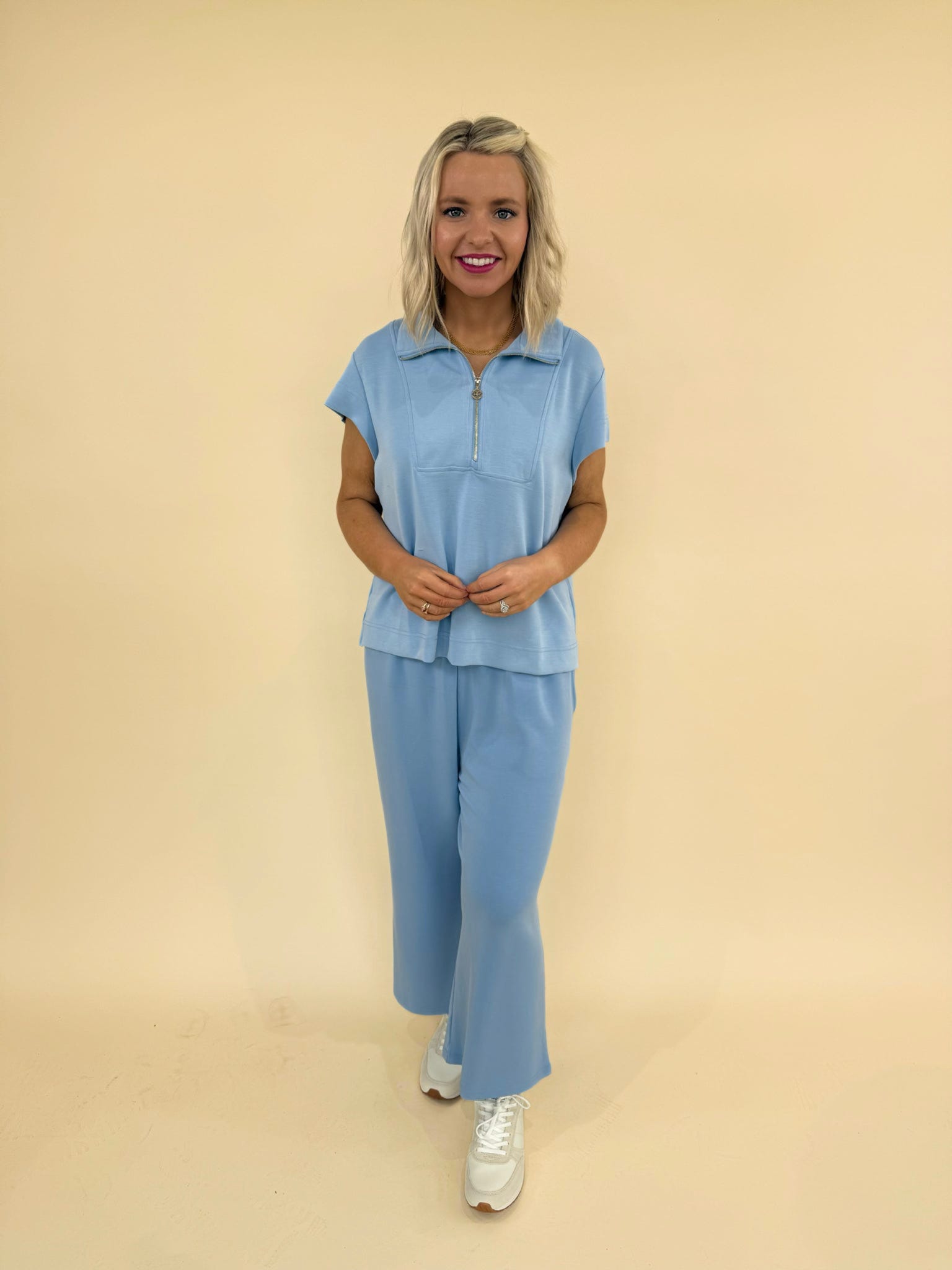 CloudSilk Weekend Set in soft blue modal blend featuring cap sleeve zip collar top and cropped drawstring pants with pockets