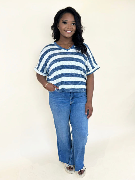 Hayden LA plus size blue and white striped top with v-neck and relaxed fit