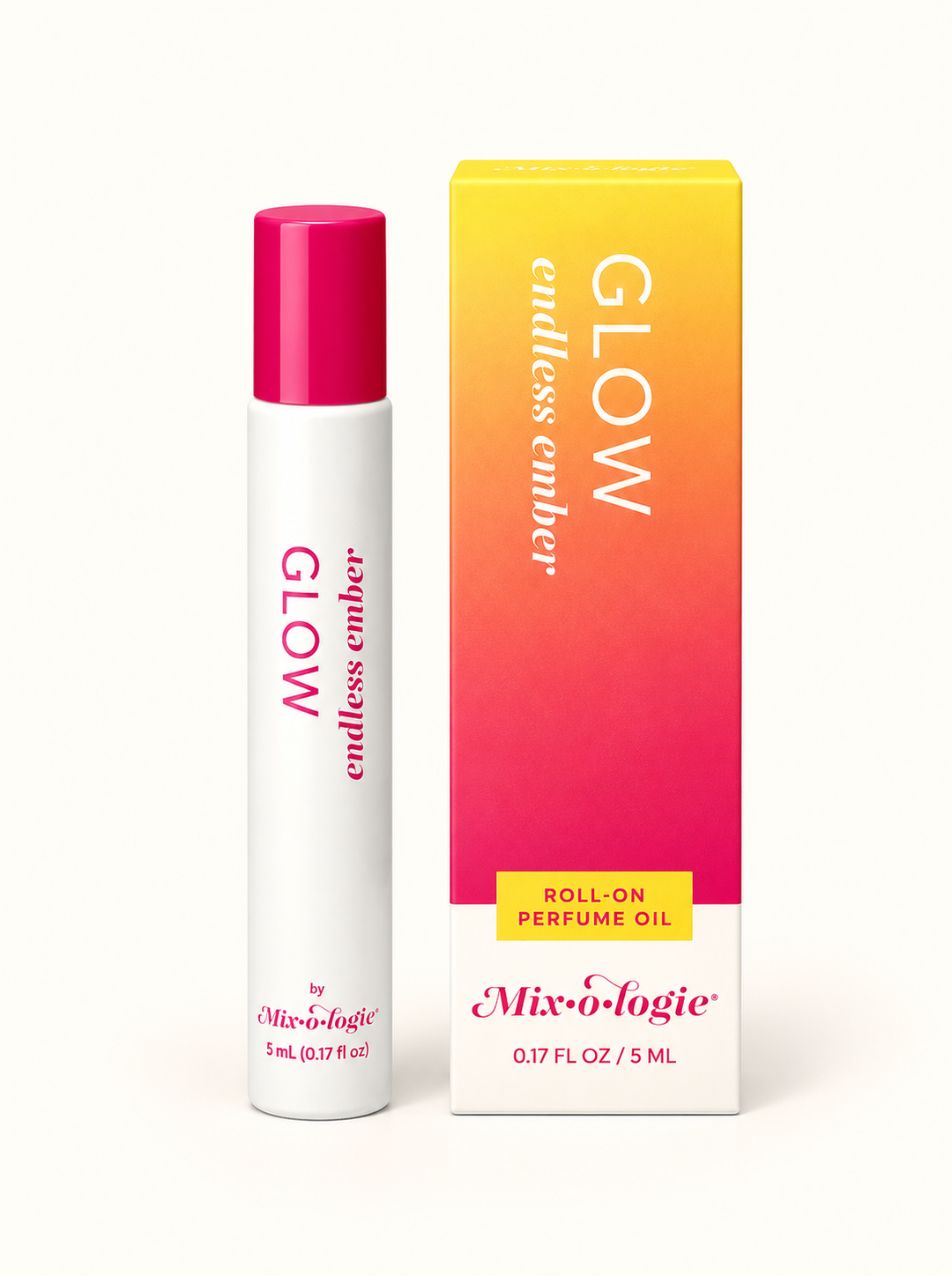 Mixologie Glow Endless Ember 5 mL roll-on perfume oil with bright pink cap and yellow-to-pink gradient packaging on a cream background.