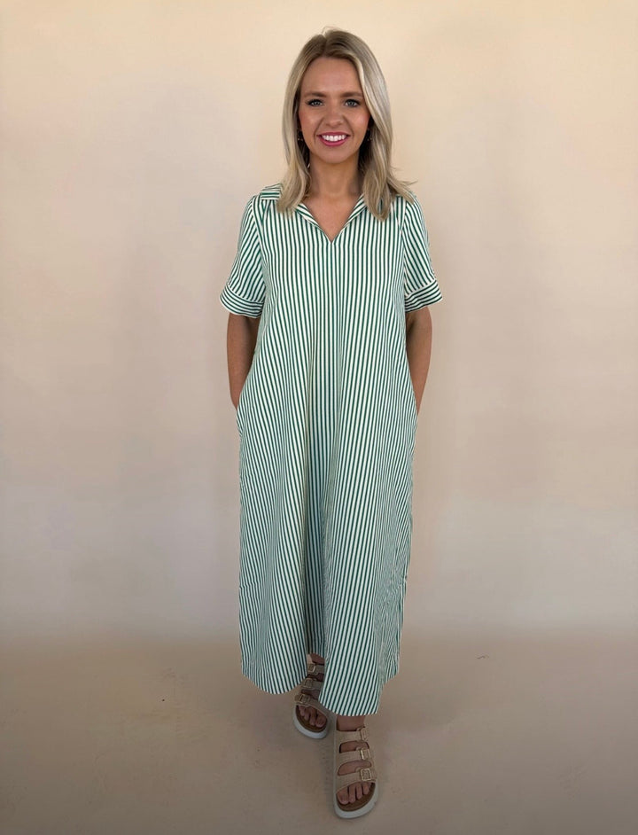 Raina Split Neck Striped Midi Dress