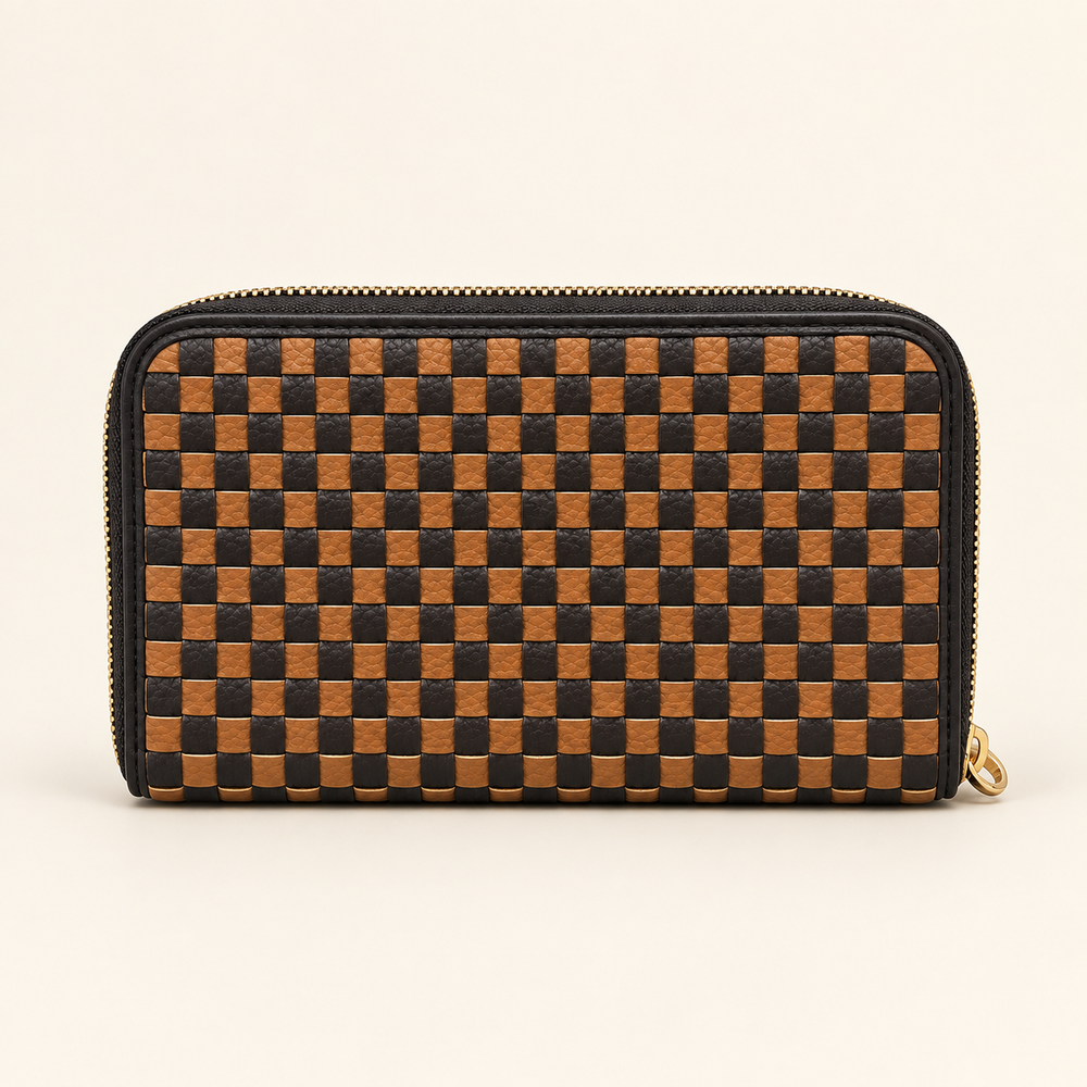 Back view of Lenni Large Zip Woven Wallet in Checkered Coffee with black trim.