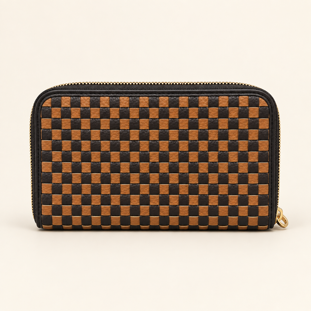 Back view of Lenni Large Zip Woven Wallet in Checkered Coffee with black trim.