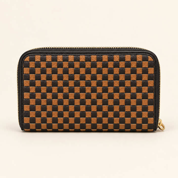 Back view of Lenni Large Zip Woven Wallet in Checkered Coffee with black trim.