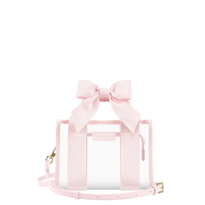 Case-Mate Ballet Pink Bow Jelly Stadium Bag with clear body, pink trim, oversized bow, top handles and adjustable crossbody strap.