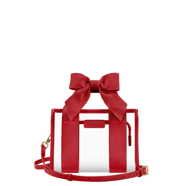 Case-Mate Varsity Red Bow Jelly Stadium Bag with clear body, red trim, top handles, bow detail and adjustable crossbody strap.