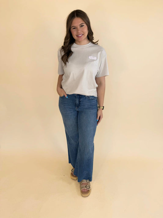 Women’s Simply Southern graphic t-shirt in beige tan with blue jeans – casual everyday outfit