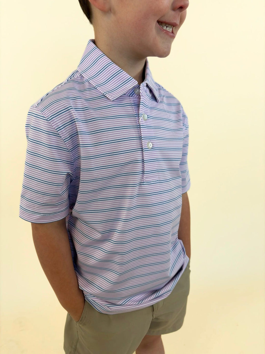 Youth Lavender &amp; Navy Performance Thin Stripe Polo