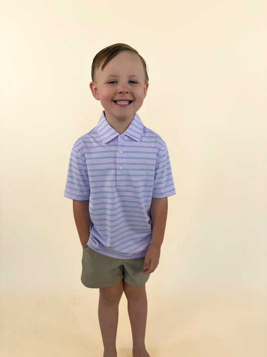 Simply Southern youth lavender and navy thin stripe performance polo shirt boys lightweight breathable golf style front view