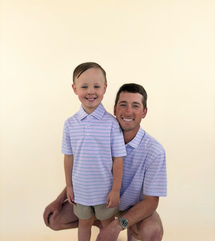 Youth Lavender &amp; Navy Performance Thin Stripe Polo