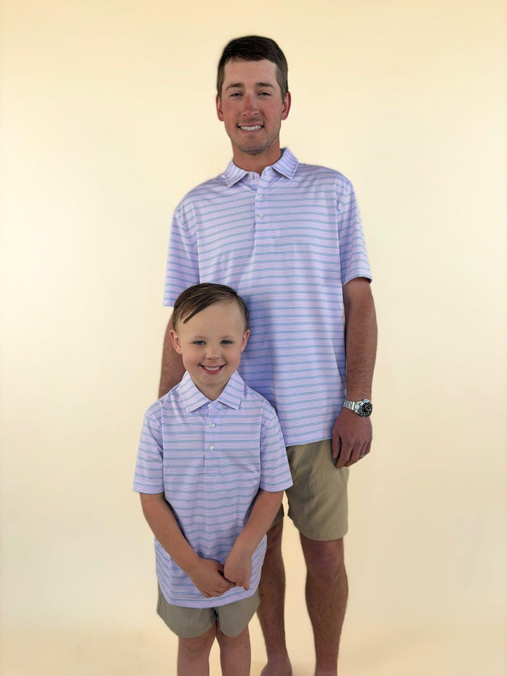 Youth Lavender &amp; Navy Performance Thin Stripe Polo