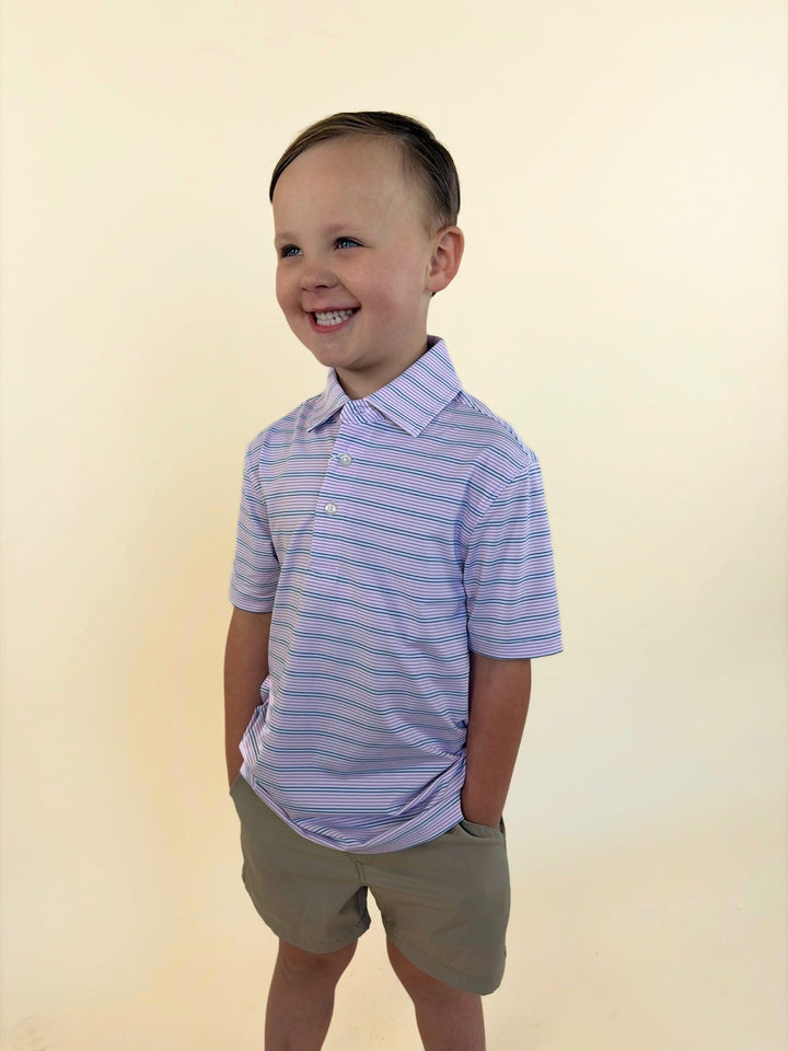 Youth Lavender &amp; Navy Performance Thin Stripe Polo
