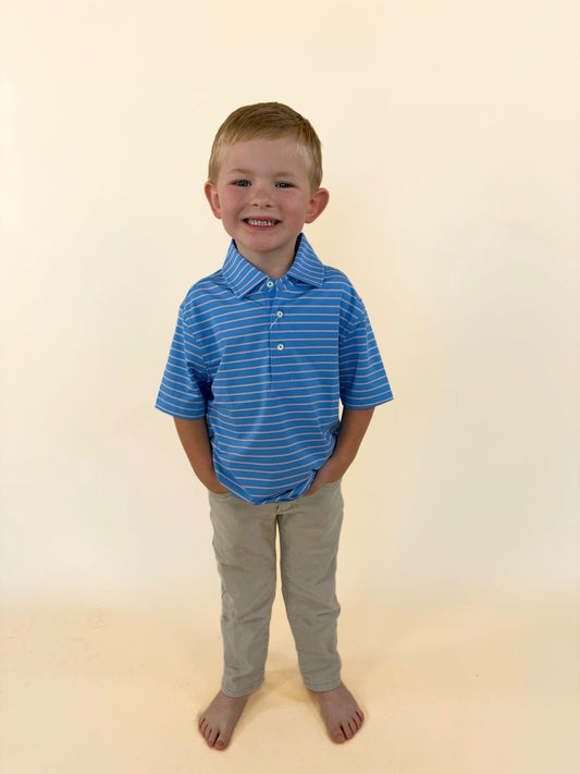 Simply Southern youth sky blue performance stripe polo shirt boys lightweight breathable golf style front view